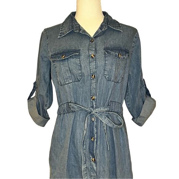 NWT MPH Collection Denim‎ Chambray Belted Dress Women’s Medium (c-71) - Picture 5 of 6